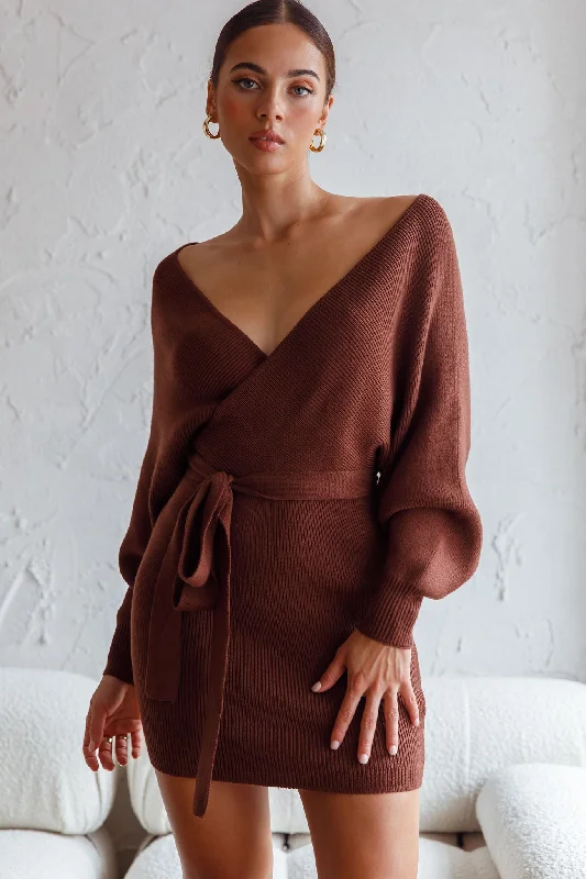 Silk wrap dress-Cameo Long Batwing Sleeve Knit Mini Dress Chocolate