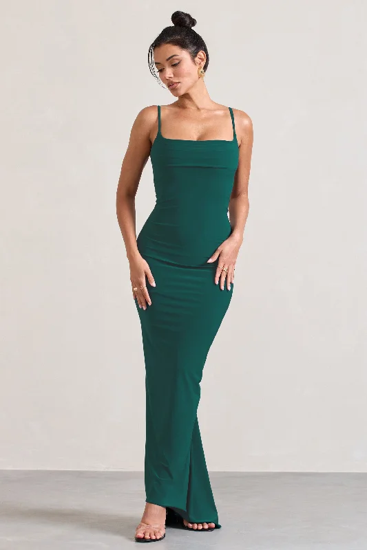 Sophisticated sheath dress-Camera One | Bottle Green Strappy Laced Bodycon Maxi Dress