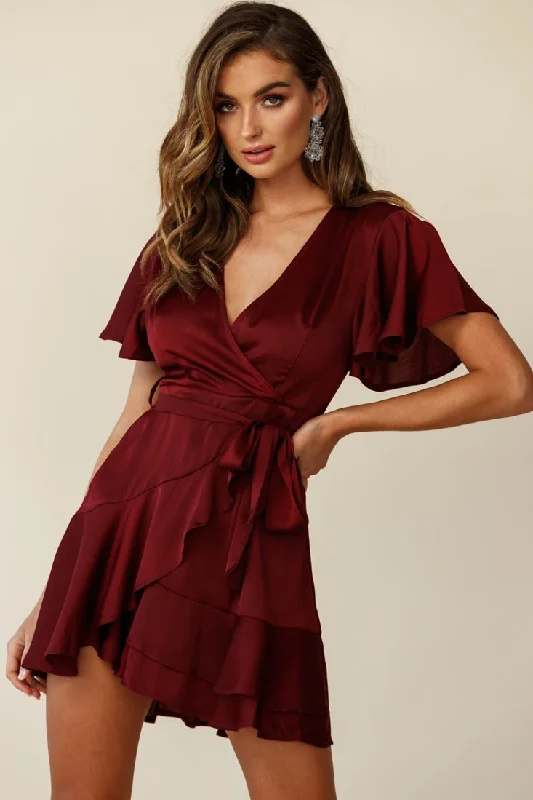 Applique party dress-Cami Angel Sleeve Faux Wrap Dress Wine