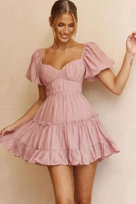 Cut-out festival dress-Camille Gathered Bodice Puff Sleeve Flounce Hem Mini Dress Blush