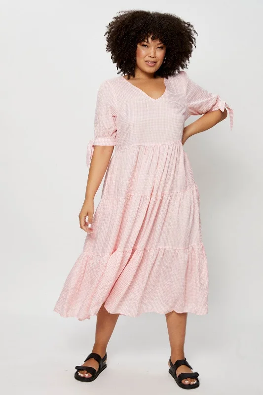 Off-shoulder beach dress-Check Midi Dress V-neck Short Sleeve