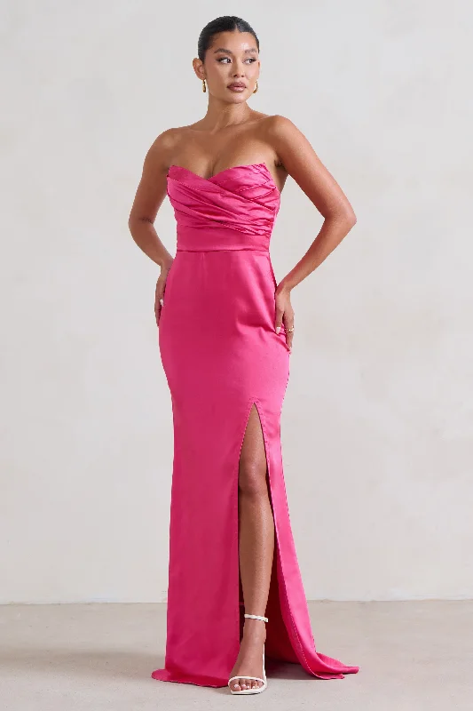 Glitter sparkly dress-Coraline | Hot Pink Strapless Maxi Dress With Split