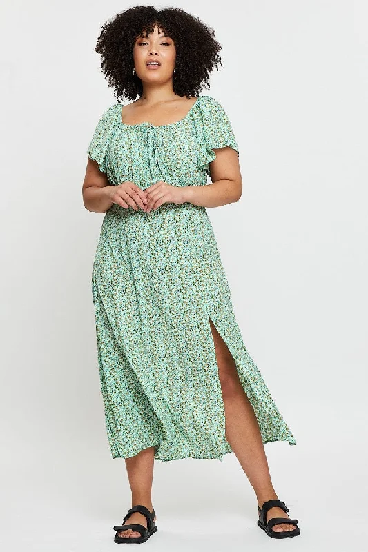 Evening gala dress-Ditsy Print Midi Dress Scoop Neck Short Sleeve Front Split