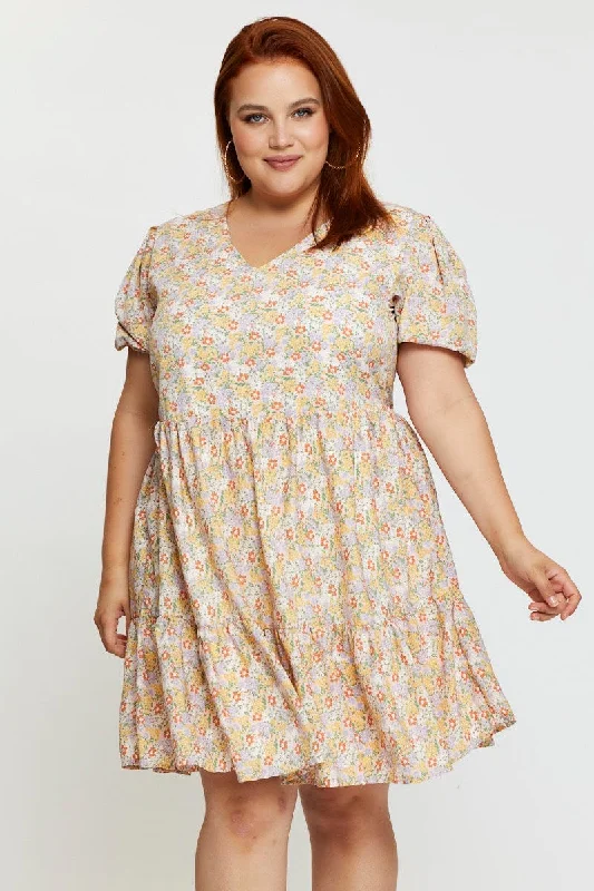 Shift maternity dress-Ditsy Print Smock Dress V-neck Short Sleeve