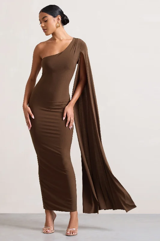 Rainbow layered dress-Dominique | Chocolate Brown One Shoulder Cape Sleeve Bodycon Maxi Dress