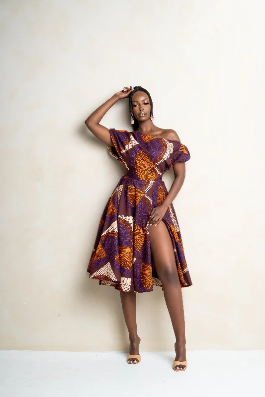 Handmade knit dress-DORA African Print One-shoulder Midi Dress