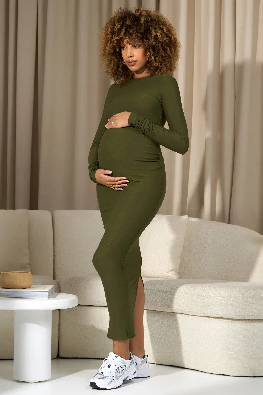 Maroon rich dress-Dove | Moss Green Bodycon Long-Sleeve Maternity Maxi Dress