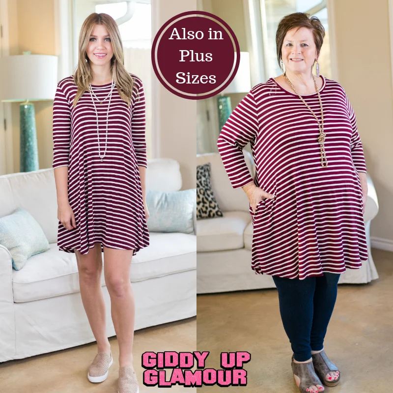 Patchwork hippie dress-Last Chance Size Small | Earn Your Stripes 3/4 Sleeve Stripe Dress in Maroon