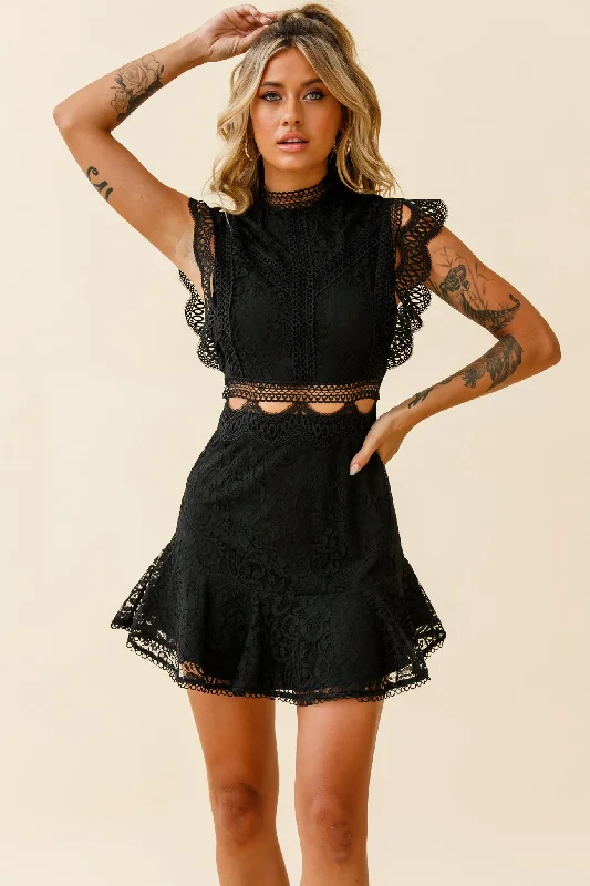 Off-shoulder prom dress-Elisha Crochet Detail Lace Overlay Dress Black