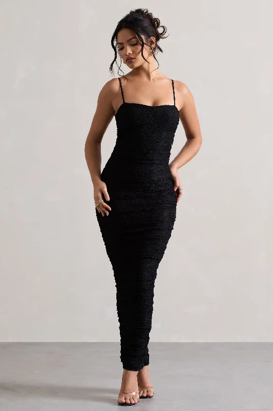 Elegant draped dress-Ellis | Black Lace Strappy Bodycon Maxi Dress