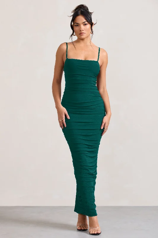 Beaded party dress-Ellis | Bottle Green Ruched Mesh Strappy Bodycon Maxi Dress