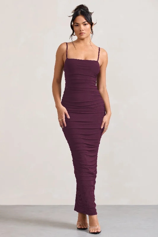 Embroidered formal dress-Ellis | Plum Ruched Mesh Strappy Bodycon Maxi Dress