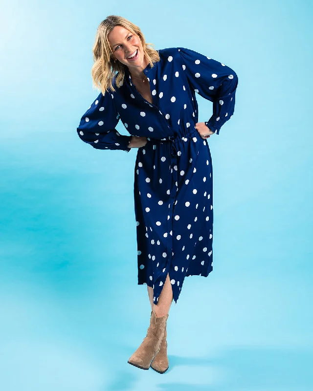 Animal print midi dress-Elm Dotti Dress Navy Spot Print