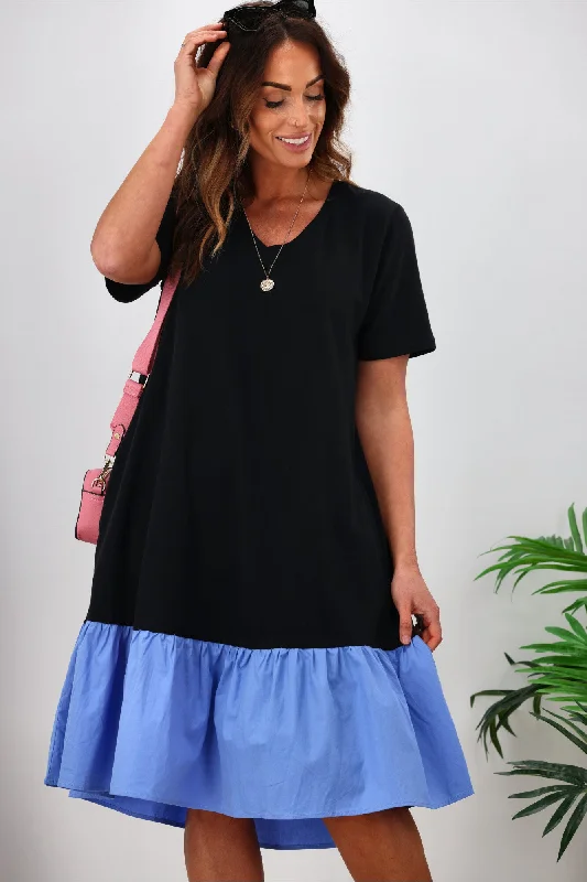 Scalloped elegant dress-Elm Elle V Neck Dress Black with Cerulean Blue