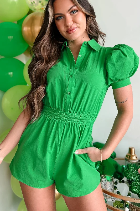 Off-shoulder beach dress-Elspeth Puff Sleeve Romper (Kelly Green)