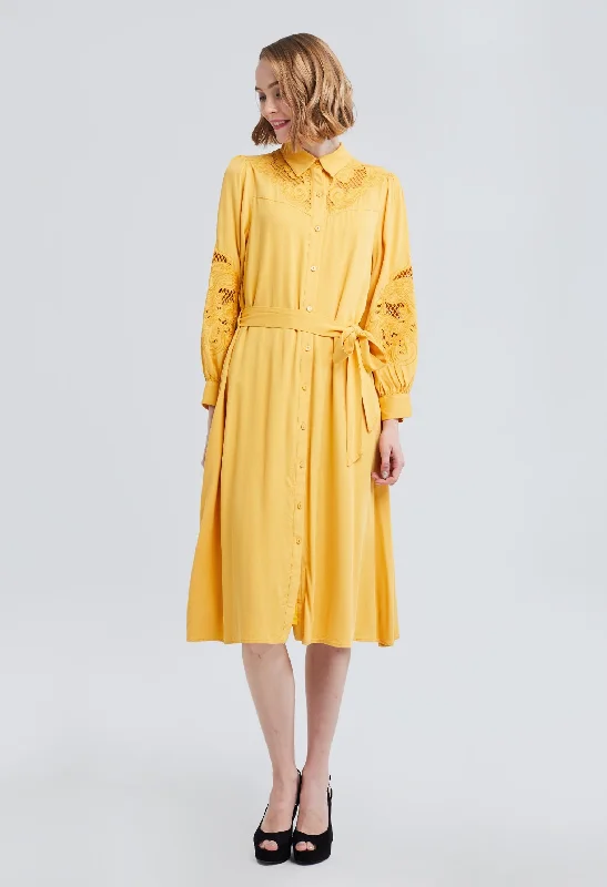 Airy lace dress-Embroidered Balloon Sleeve Belted Midi Dress