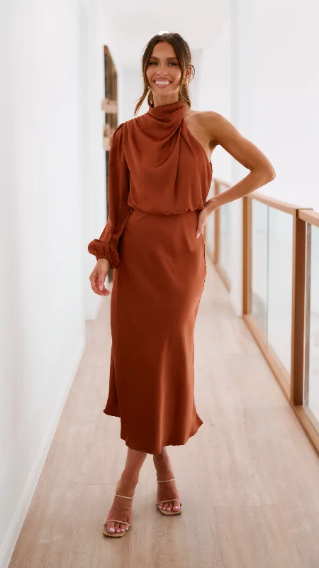 Urban street dress-Esther One Shoulder Long Sleeve Dress - Copper