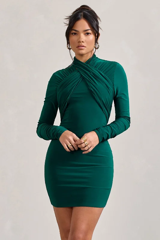 Neutral toned dress-Eve | Bottle Green Crossed-Neck Long-Sleeved Bodycon Mini Dress