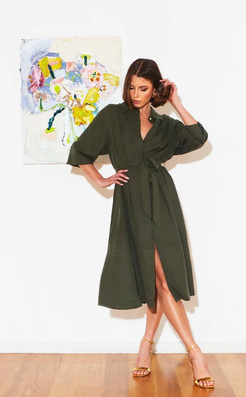 Rose gold dress-Fate Alter Ego Duster Shirt Dress Olive