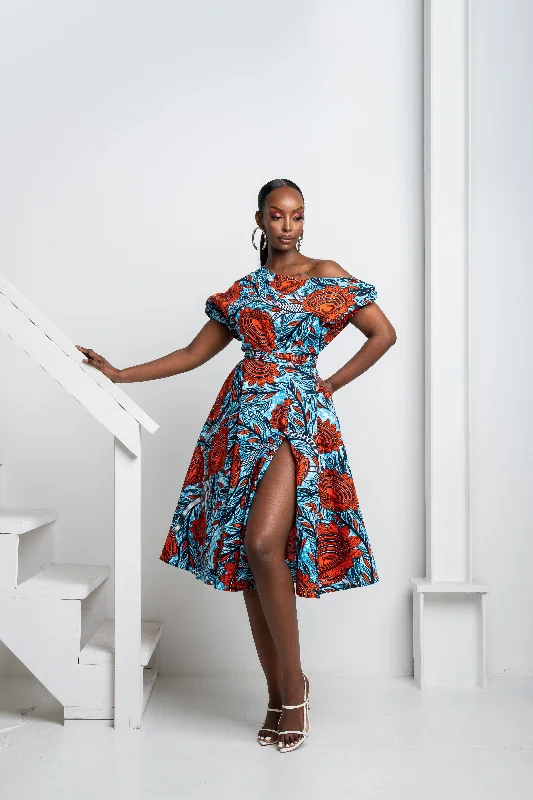 Affordable casual dress-FAYO African Print One-shoulder Midi Dress