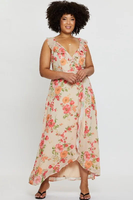 Jersey stretch dress-Floral Print Maxi Dress V-neck Sleeveless