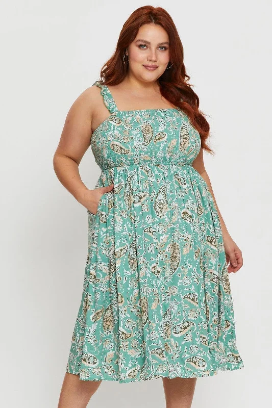 Boho tiered dress-Floral Print Midi Dress Square Neck Sleeveless