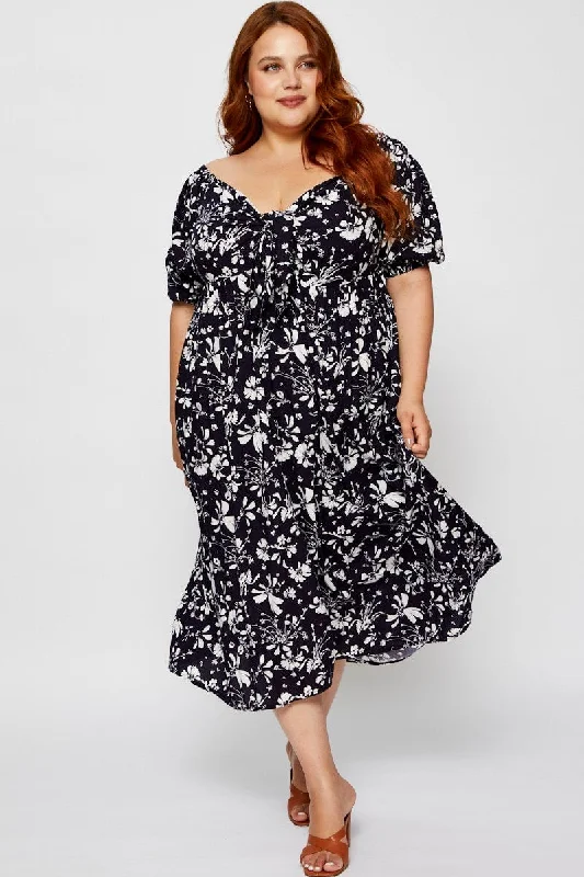 Sequined club dress-Floral Print Midi Dress V-neck Short Sleeve