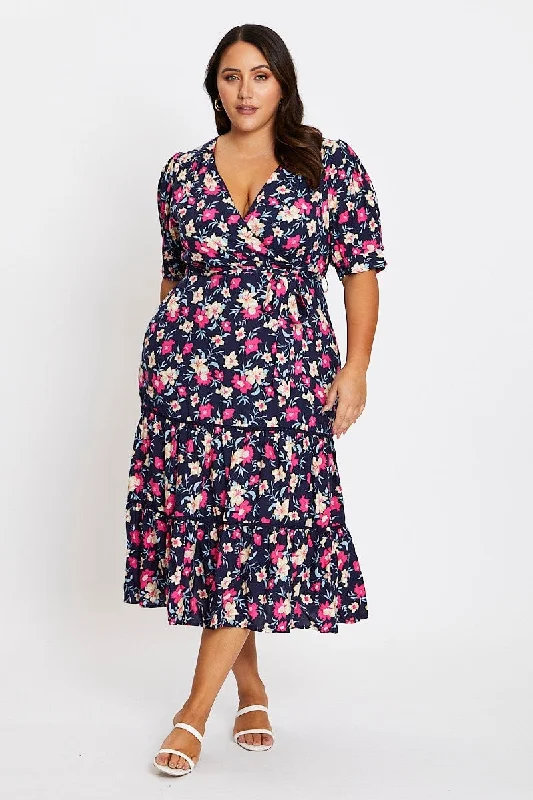 Bodycon date dress-Floral Print Short Sleeve Puff Sleeve Midi Dress