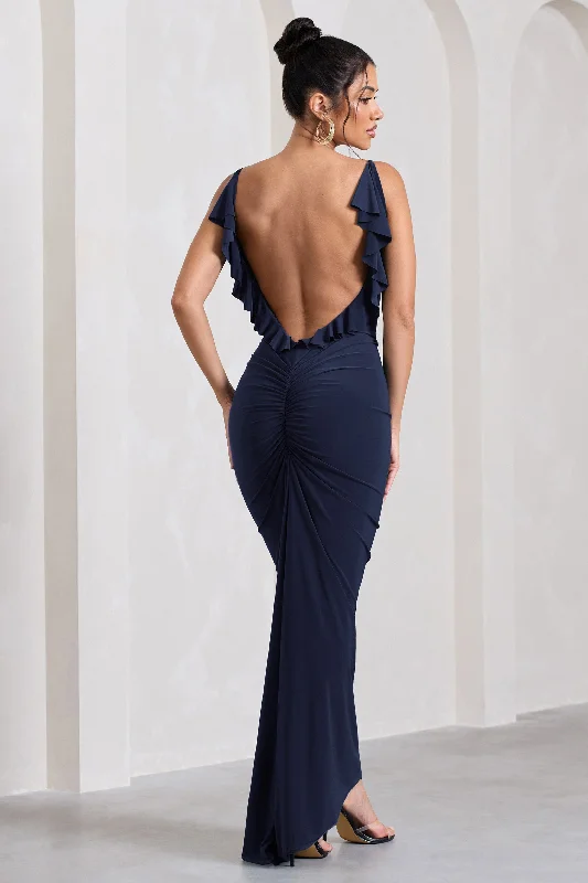 Tulle princess dress-Flute | Navy Bodycon Maxi Dress With Ruched Ruffled Back