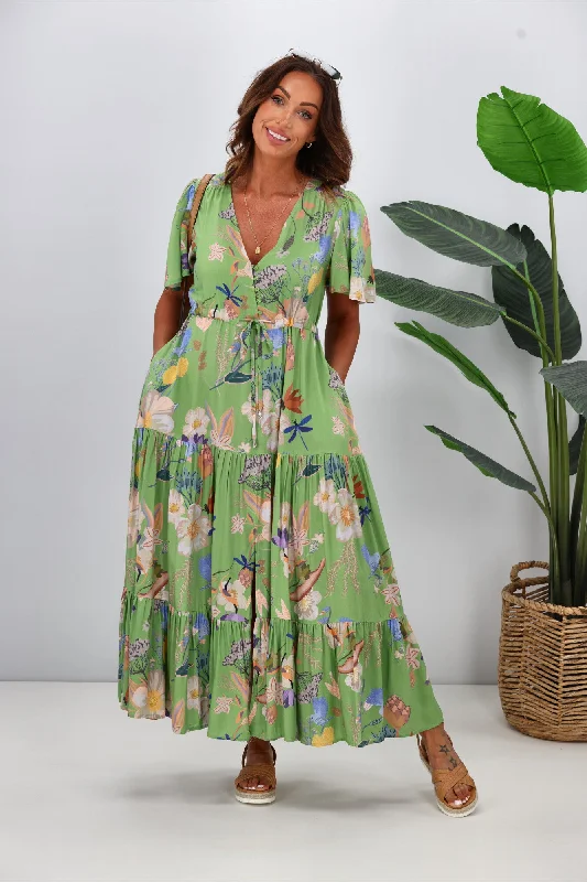 Beachy linen dress-Fria Enchanted Forest Maxi Dress Green