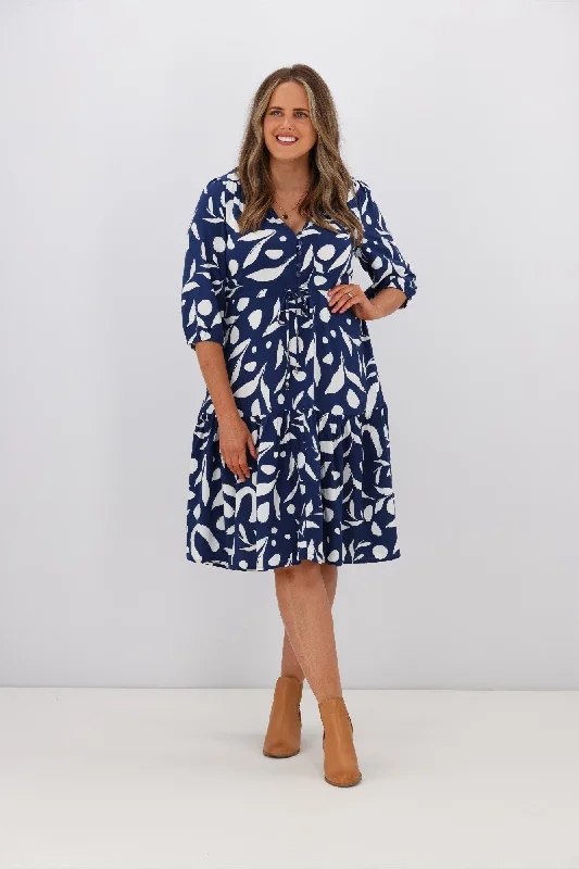 Rainbow tie-dye dress-Fria Fall Leaf 3/4 Sleeve Dress Navy