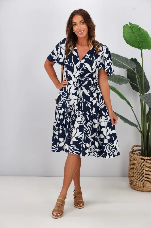 Tailored work dress-Fria Issy Petal Print Mini Dress Navy