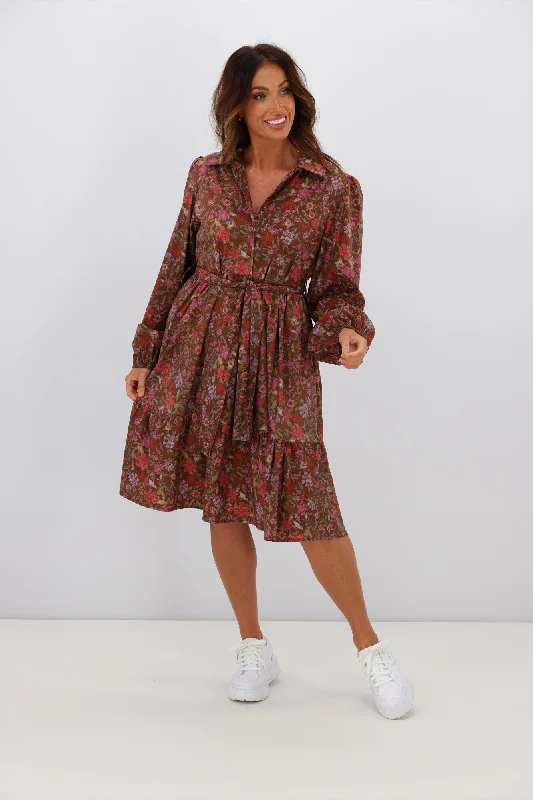 Trendy neon dress-Fria Ophelia Floral Dress Brown