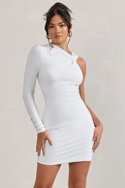 Monochrome stylish dress-Fusion | White Asymmetric Twisted Bodycon Mini Dress