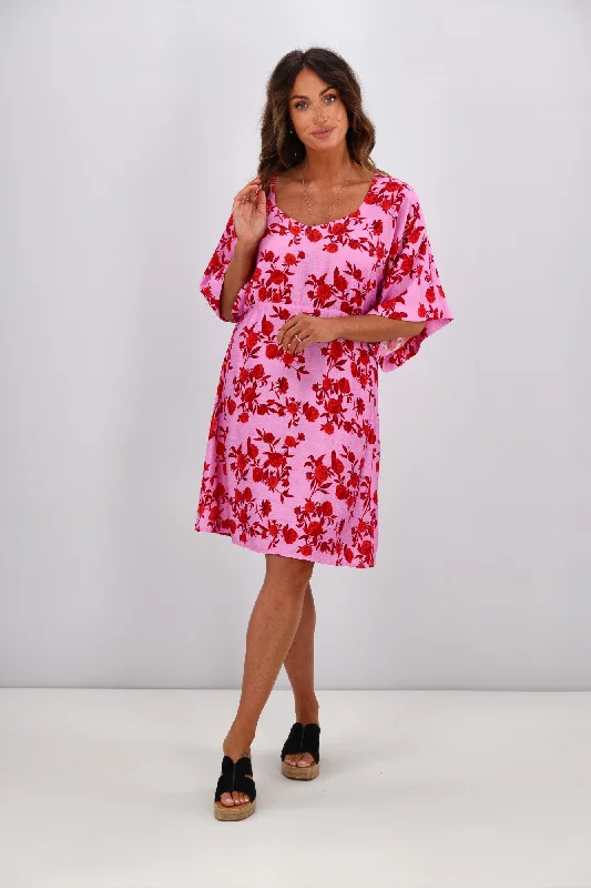 Neutral toned dress-Gloss by Shine On Erin Kimono Sleeve Dress Pink Red Floral