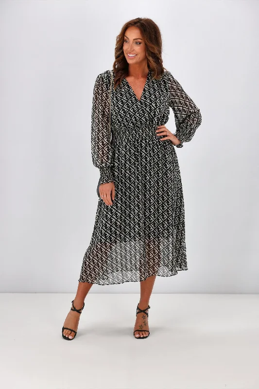 Relaxed shift dress-Gloss by Shine On Taigen Wrap Front Shirred Waist Dress Geo Print