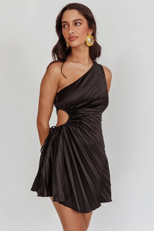 Ruched mini dress-Glow Ray One-Shoulder Pleat Dress Black