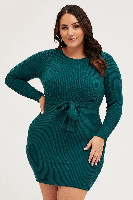 Lace evening dress-Green Bodycon Dress Long Sleeve Knit Waist Tie