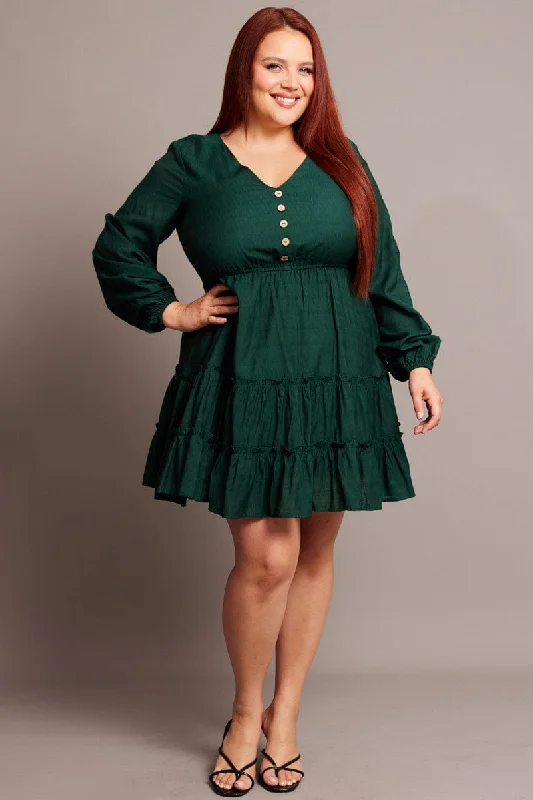 Sexy bodycon dress-Green Button Through Long Sleeve Dress