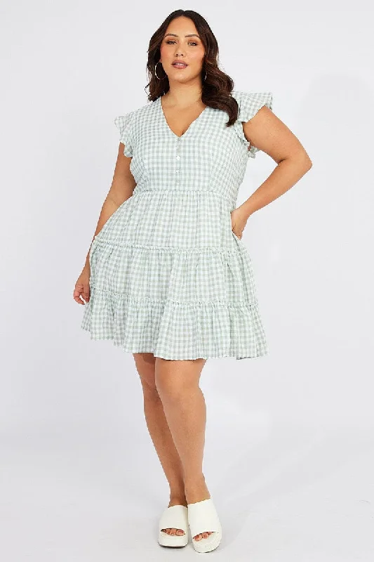 Minimalist sleek dress-Green Check Fit And Flare Dress Short Sleeve