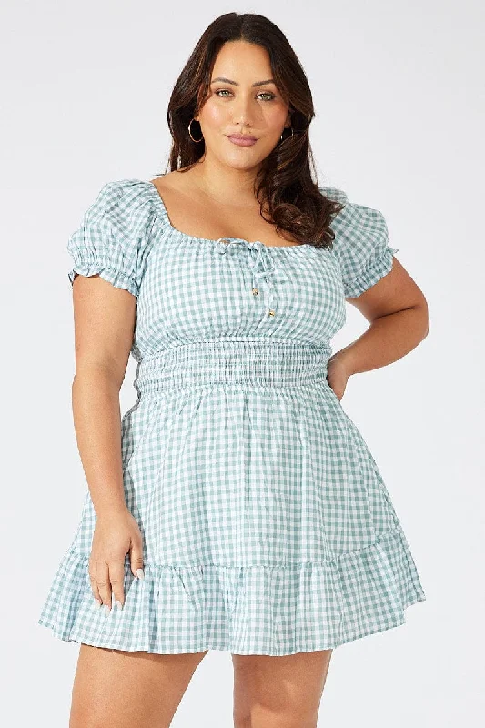 Bodycon club dress-Green Check Fit And Flare Dress Short Sleeve Shirred Waist