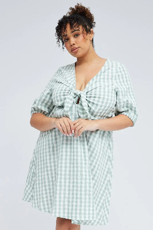 Warm wool dress-Green Check Mini Dress Tie Gingham Puff Sleeve