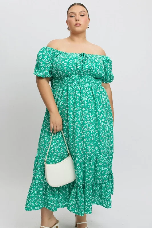 Embroidered peasant dress-Green Ditsy Midi Dress Short Sleeve Ruched Bust