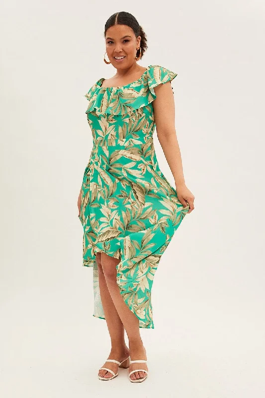 Sophisticated sheath dress-Green Floral Maxi Dress Off Shoulder Crepe