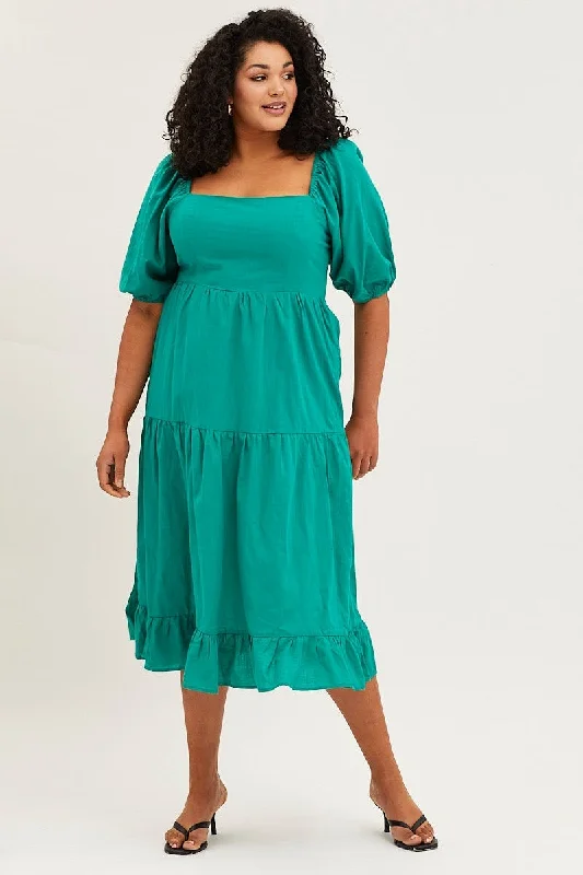 Classic fit dress-Green Maxi Dress Square Neck Short Sleeve Tie