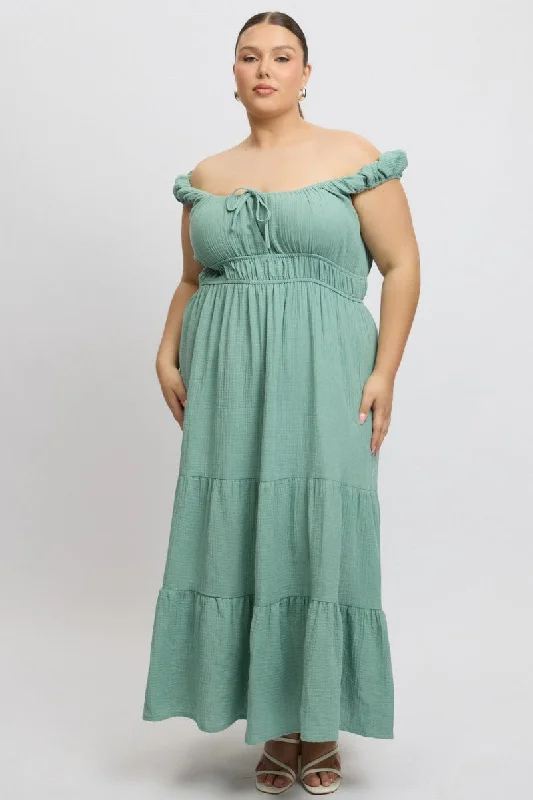 Fringe festival dress-Green Midi Dress Short Sleeve Ruched