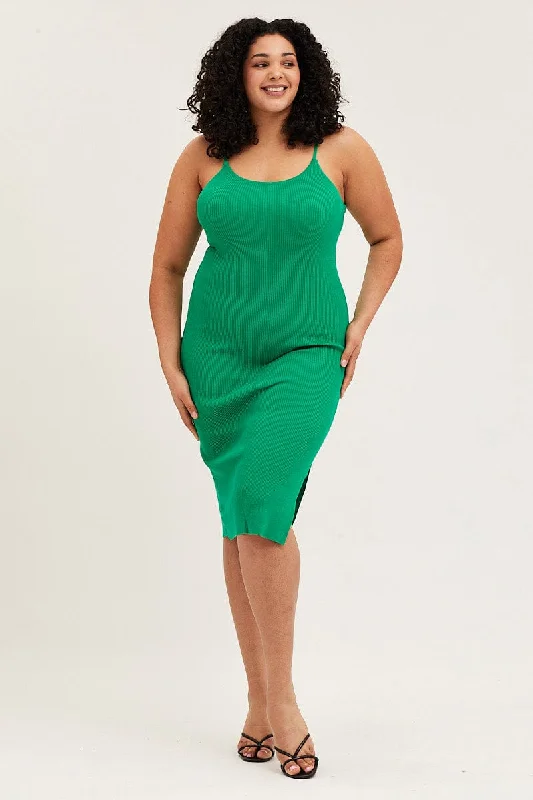 Patterned party dress-Green Midi Knit Bodycon Dress Scoop Neck Sleeveless