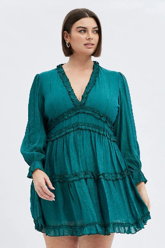 Sheer boho dress-Green Mini Dress Textured Chiffon Frill Long Sleeve