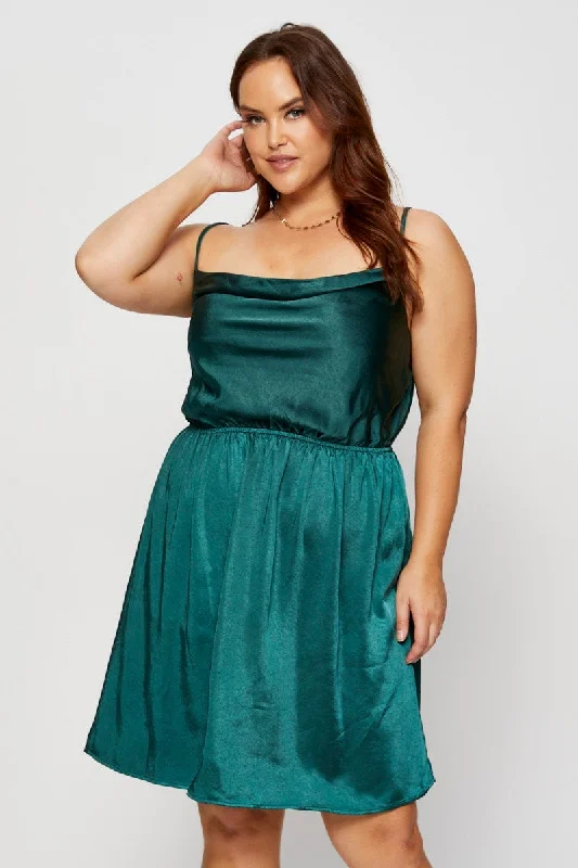 Colorblock modern dress-Green Mini Satin Dress Cowl Neck Sleeveless