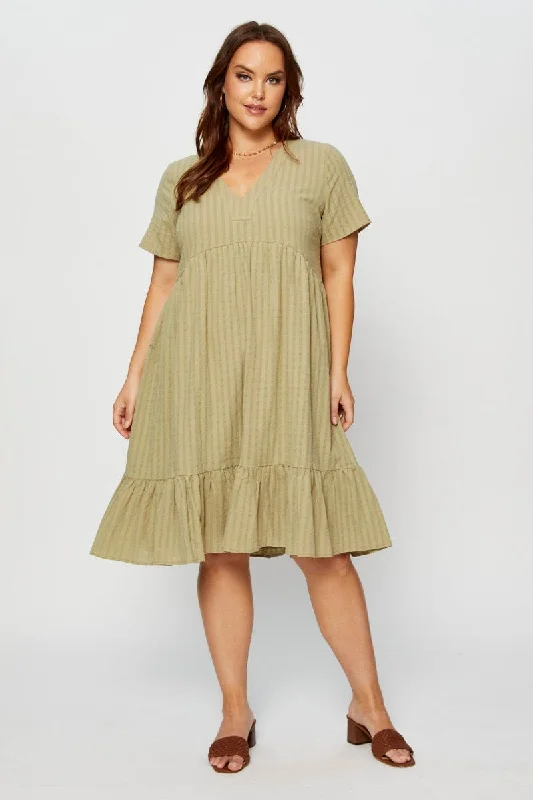 Sheer overlay dress-Green Skater Dress V-neck Short Sleeve